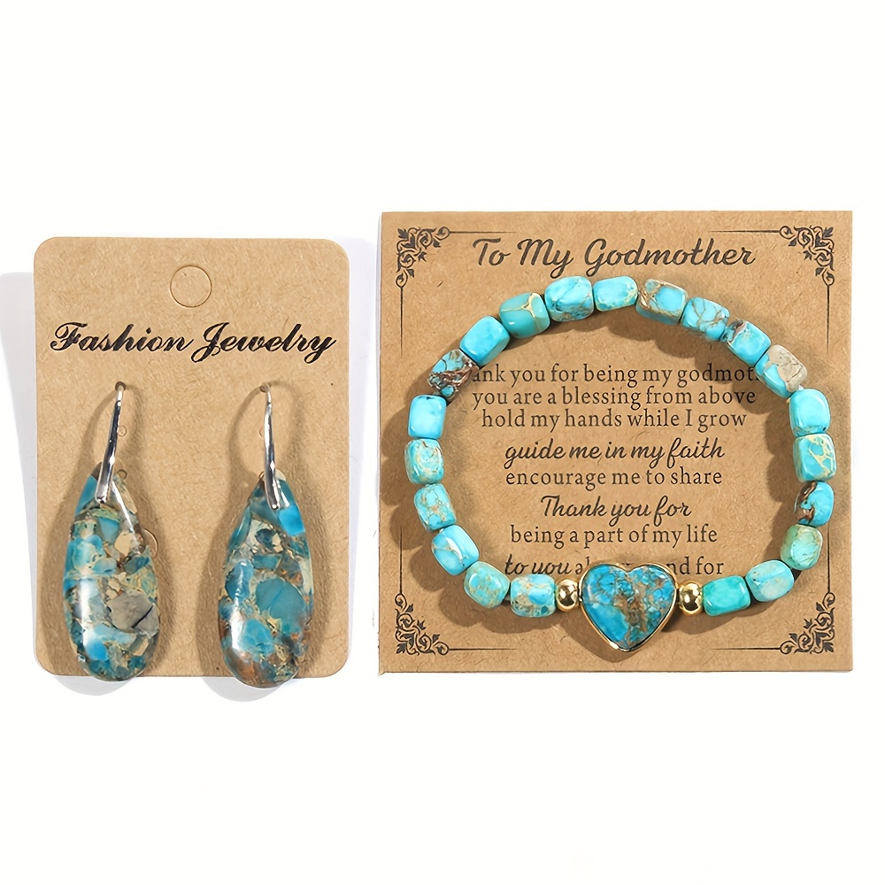 Boho Stone Beaded Jewelry Set Heart Teardrop Earrings Bracelet Gift for Mother